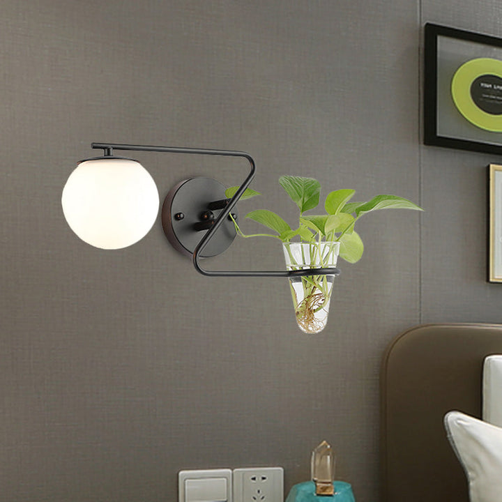 Lisslune | Global Bedroom Wall Light Industrial Cream/Smoke Grey Glass 1 Head Black/Gold Wall Lamp with Clear Glass Plant Holder