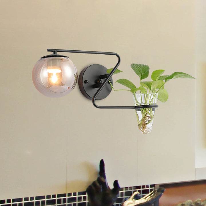 Lisslune | Global Bedroom Wall Light Industrial Cream/Smoke Grey Glass 1 Head Black/Gold Wall Lamp with Clear Glass Plant Holder