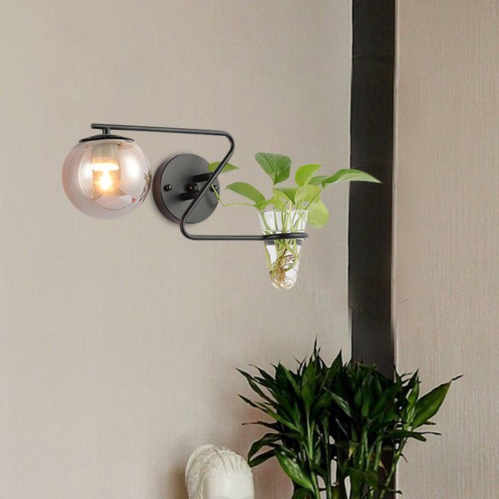Lisslune | Global Bedroom Wall Light Industrial Cream/Smoke Grey Glass 1 Head Black/Gold Wall Lamp with Clear Glass Plant Holder