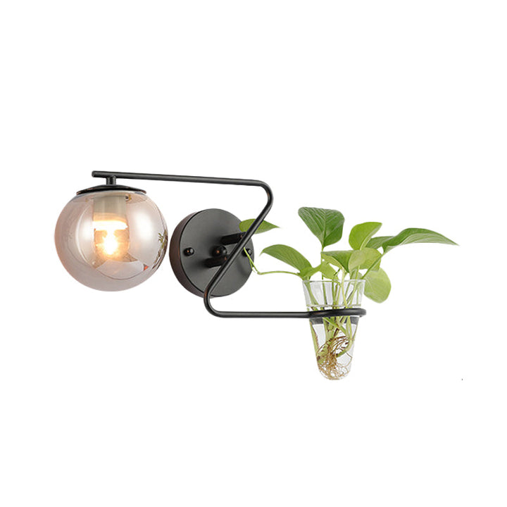 Lisslune | Global Bedroom Wall Light Industrial Cream/Smoke Grey Glass 1 Head Black/Gold Wall Lamp with Clear Glass Plant Holder
