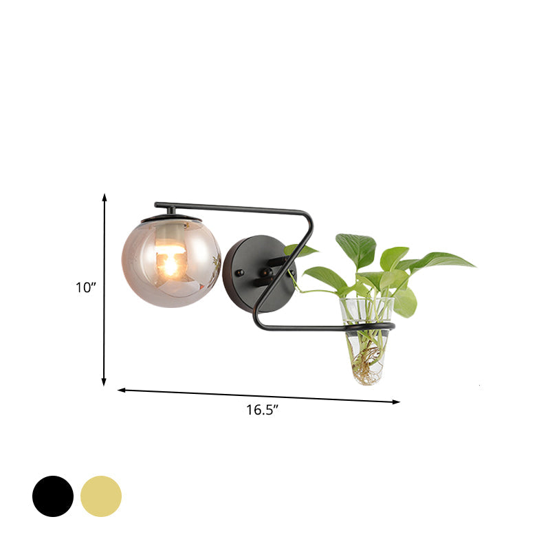 Lisslune | Global Bedroom Wall Light Industrial Cream/Smoke Grey Glass 1 Head Black/Gold Wall Lamp with Clear Glass Plant Holder