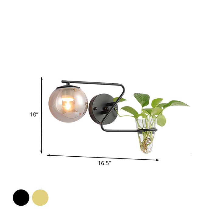 Lisslune | Global Bedroom Wall Light Industrial Cream/Smoke Grey Glass 1 Head Black/Gold Wall Lamp with Clear Glass Plant Holder