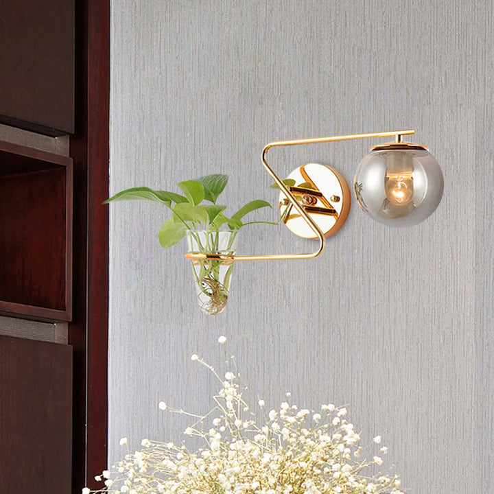 Lisslune | Global Bedroom Wall Light Industrial Cream/Smoke Grey Glass 1 Head Black/Gold Wall Lamp with Clear Glass Plant Holder