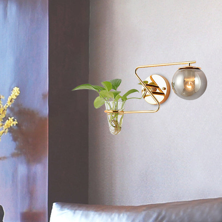 Lisslune | Global Bedroom Wall Light Industrial Cream/Smoke Grey Glass 1 Head Black/Gold Wall Lamp with Clear Glass Plant Holder