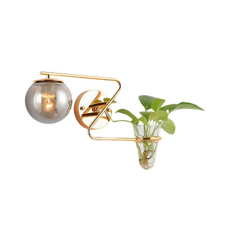 Lisslune | Global Bedroom Wall Light Industrial Cream/Smoke Grey Glass 1 Head Black/Gold Wall Lamp with Clear Glass Plant Holder