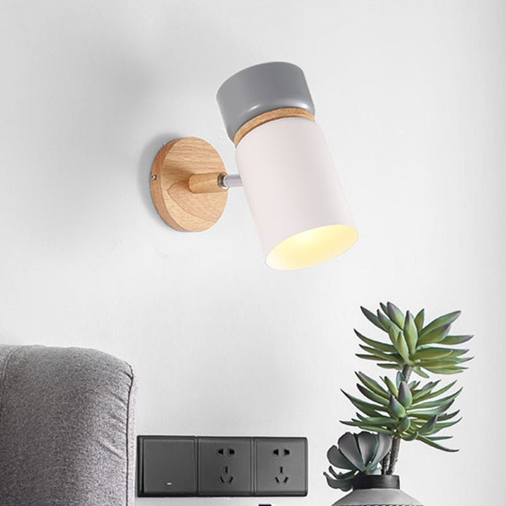Lisslune | Gray-White Cylindrical Rotatable Wall Lamp Nordic Single Iron Wall-Mounted Light with Wood Accent