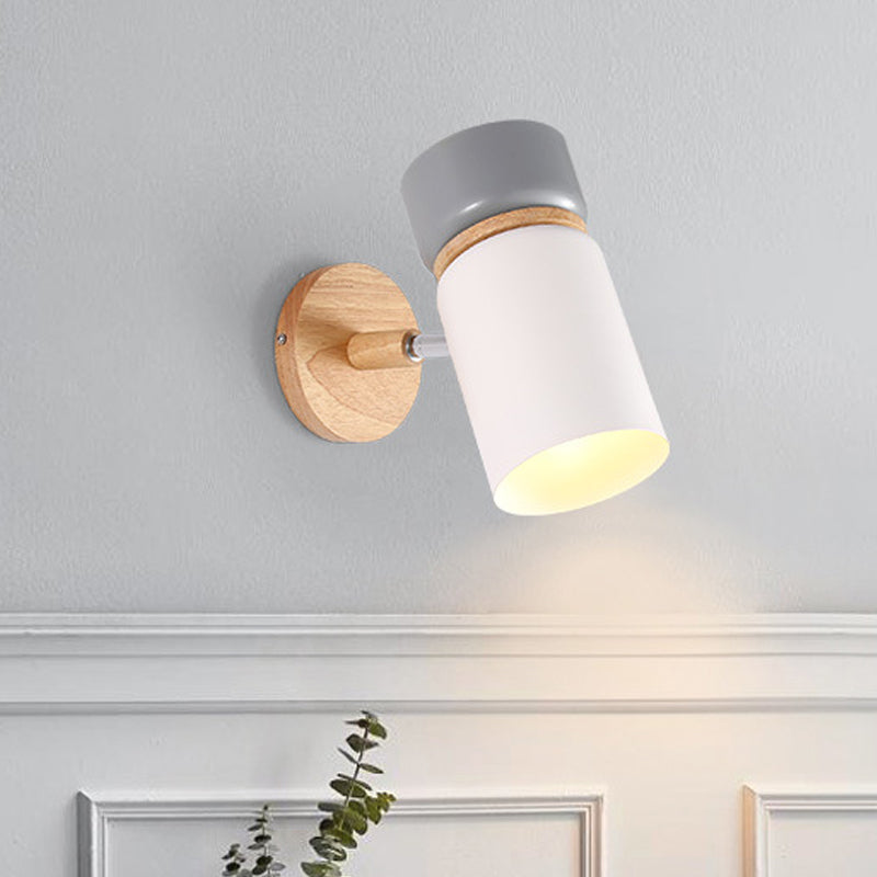 Lisslune | Gray-White Cylindrical Rotatable Wall Lamp Nordic Single Iron Wall-Mounted Light with Wood Accent