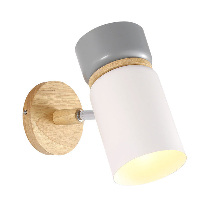Lisslune | Gray-White Cylindrical Rotatable Wall Lamp Nordic Single Iron Wall-Mounted Light with Wood Accent
