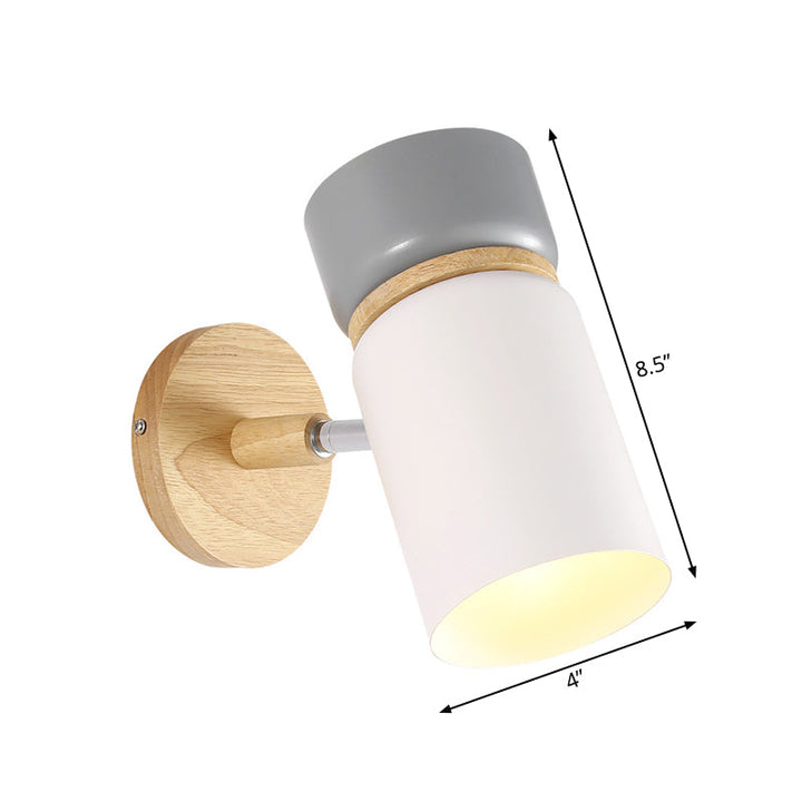 Lisslune | Gray-White Cylindrical Rotatable Wall Lamp Nordic Single Iron Wall-Mounted Light with Wood Accent