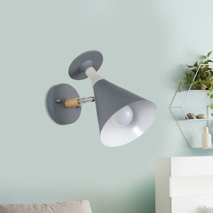 Lisslune | Rotatable Cone Wine Cup Wall Lamp Nordic Iron Single Bulb Gray/White Wall Light with Wood Accent