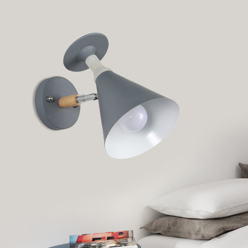 Lisslune | Rotatable Cone Wine Cup Wall Lamp Nordic Iron Single Bulb Gray/White Wall Light with Wood Accent