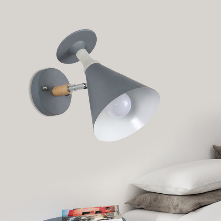 Lisslune | Rotatable Cone Wine Cup Wall Lamp Nordic Iron Single Bulb Gray/White Wall Light with Wood Accent