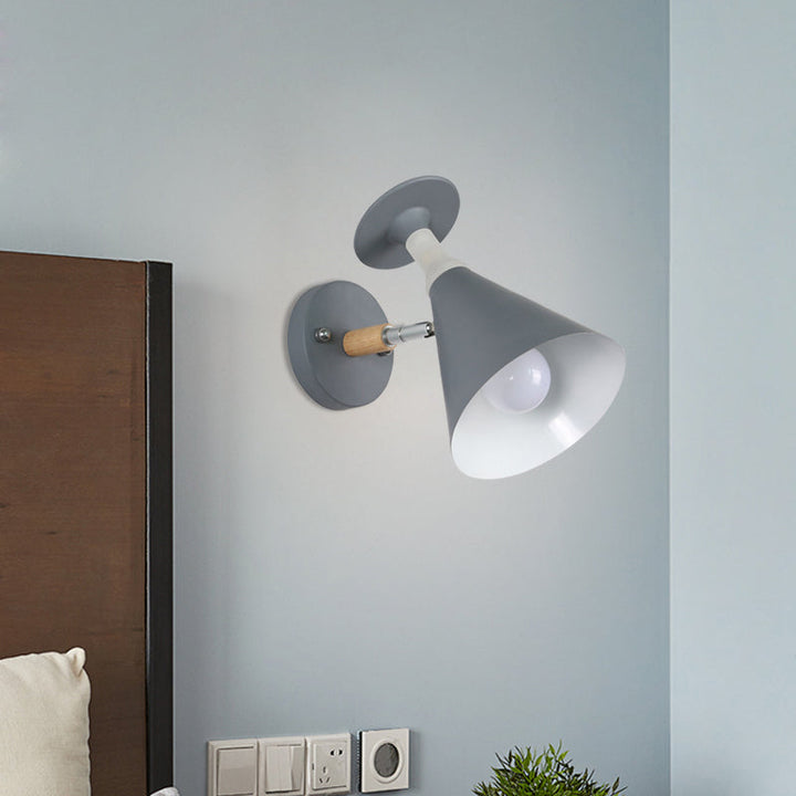 Lisslune | Rotatable Cone Wine Cup Wall Lamp Nordic Iron Single Bulb Gray/White Wall Light with Wood Accent