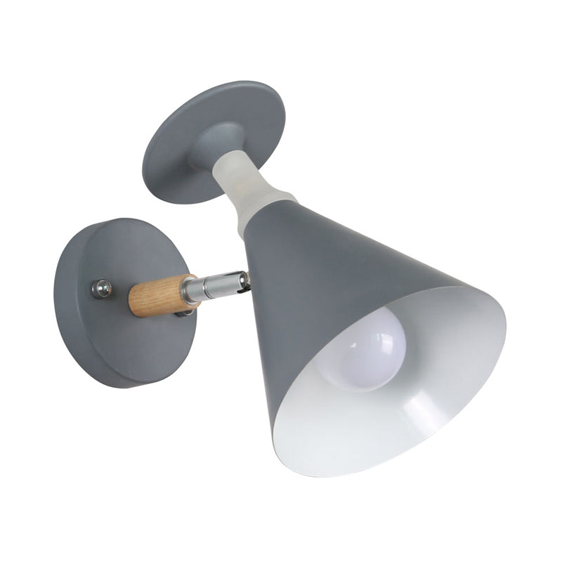Lisslune | Rotatable Cone Wine Cup Wall Lamp Nordic Iron Single Bulb Gray/White Wall Light with Wood Accent