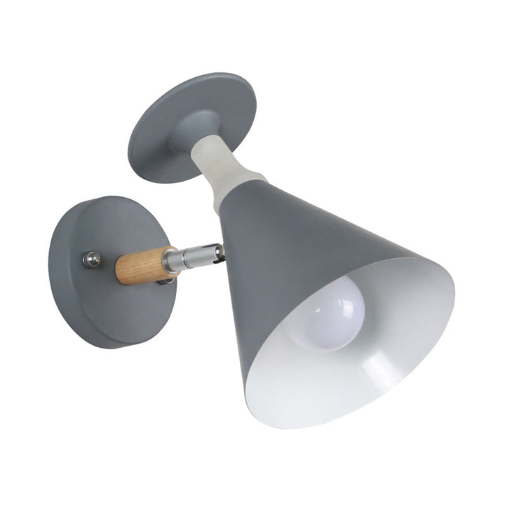 Lisslune | Rotatable Cone Wine Cup Wall Lamp Nordic Iron Single Bulb Gray/White Wall Light with Wood Accent
