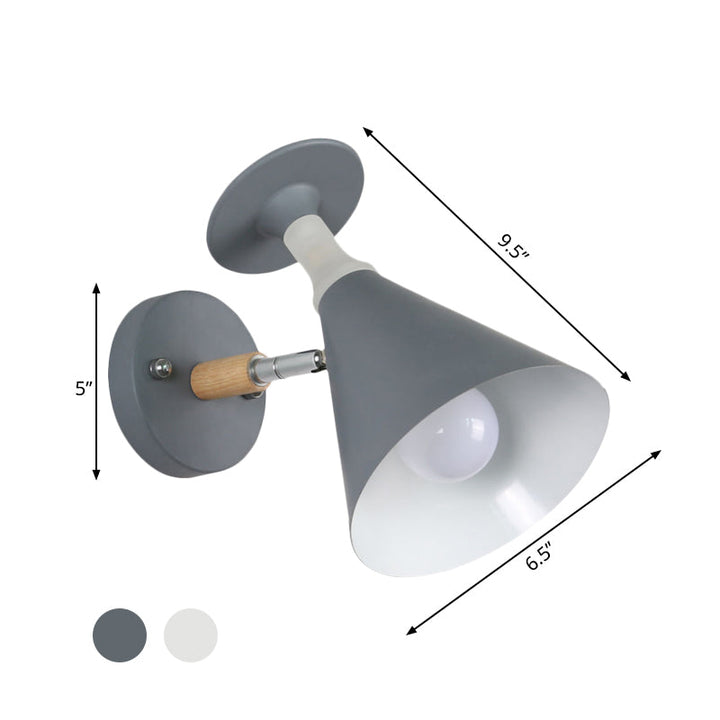 Lisslune | Rotatable Cone Wine Cup Wall Lamp Nordic Iron Single Bulb Gray/White Wall Light with Wood Accent