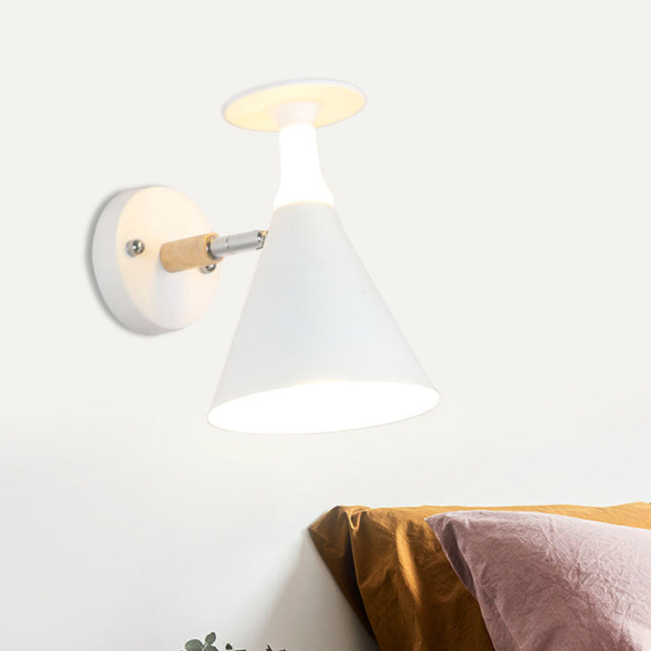 Lisslune | Rotatable Cone Wine Cup Wall Lamp Nordic Iron Single Bulb Gray/White Wall Light with Wood Accent