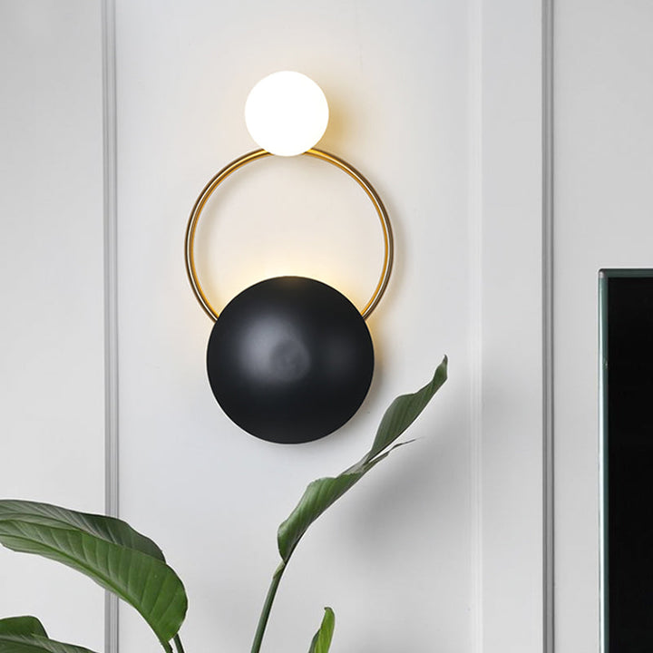 Lisslune | Postmodern Orbital Surface Mount Iron 2-Light Parlor Wall Lamp in Black-Gold with Orb Opal Glass Shade