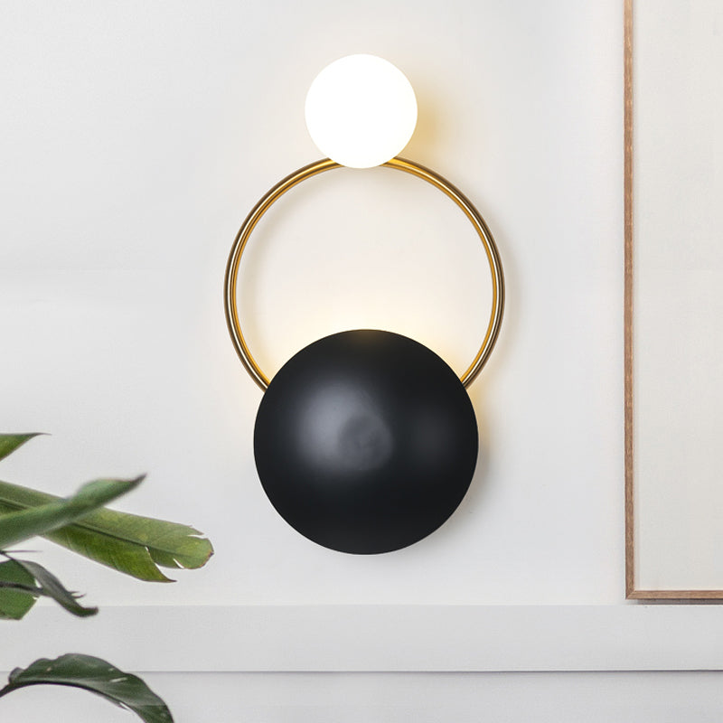 Lisslune | Postmodern Orbital Surface Mount Iron 2-Light Parlor Wall Lamp in Black-Gold with Orb Opal Glass Shade