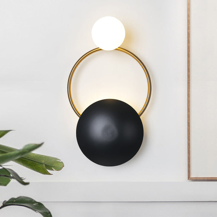 Lisslune | Postmodern Orbital Surface Mount Iron 2-Light Parlor Wall Lamp in Black-Gold with Orb Opal Glass Shade