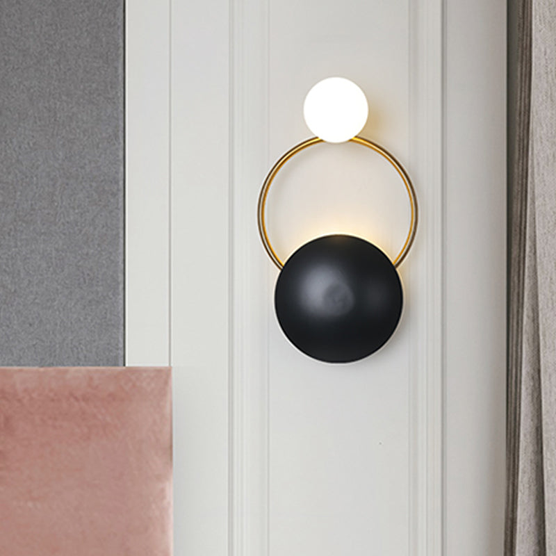 Lisslune | Postmodern Orbital Surface Mount Iron 2-Light Parlor Wall Lamp in Black-Gold with Orb Opal Glass Shade