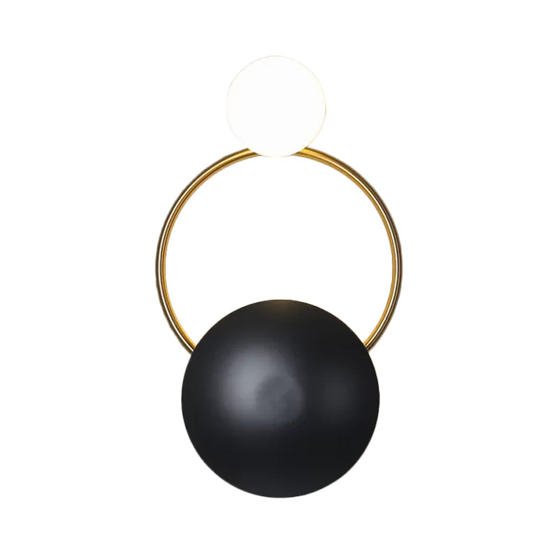 Lisslune | Postmodern Orbital Surface Mount Iron 2-Light Parlor Wall Lamp in Black-Gold with Orb Opal Glass Shade