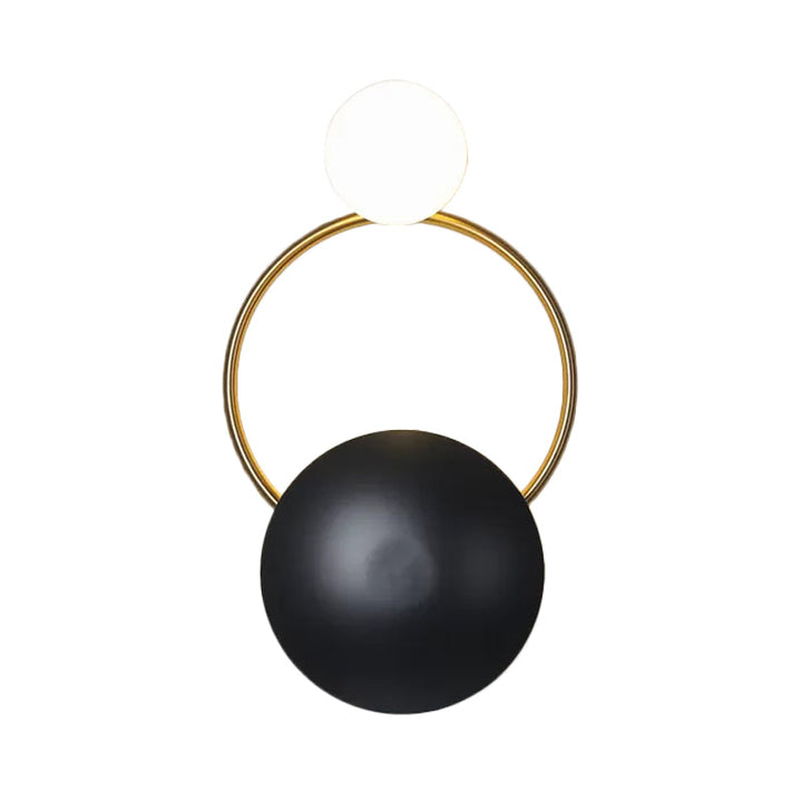 Lisslune | Postmodern Orbital Surface Mount Iron 2-Light Parlor Wall Lamp in Black-Gold with Orb Opal Glass Shade