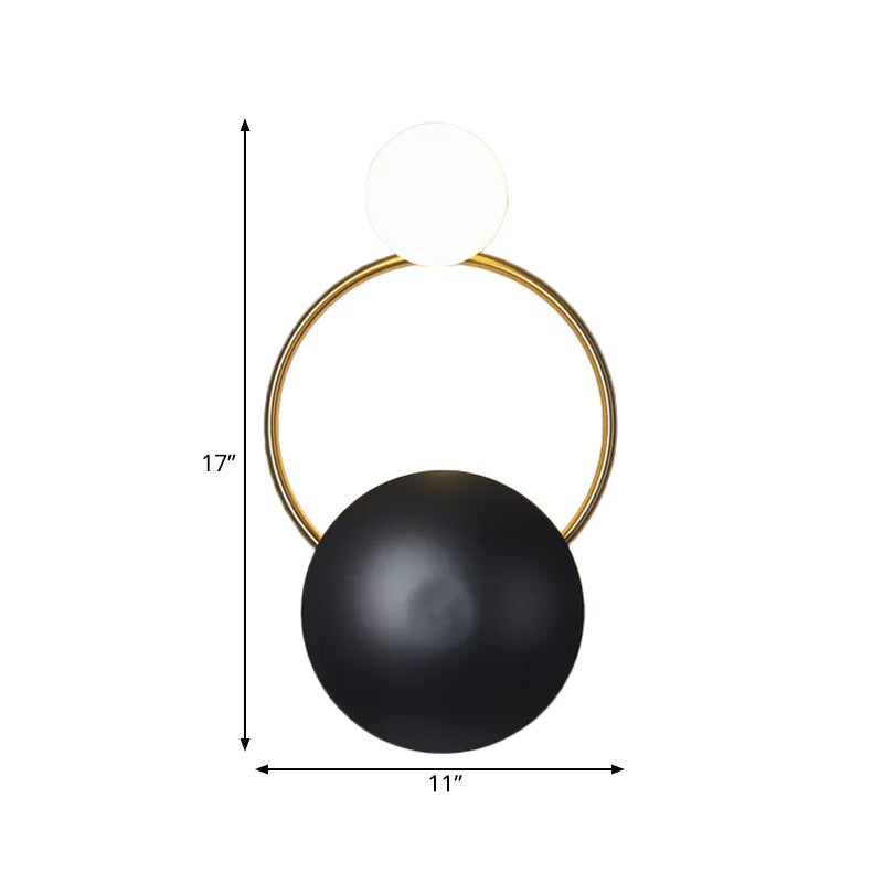 Lisslune | Postmodern Orbital Surface Mount Iron 2-Light Parlor Wall Lamp in Black-Gold with Orb Opal Glass Shade