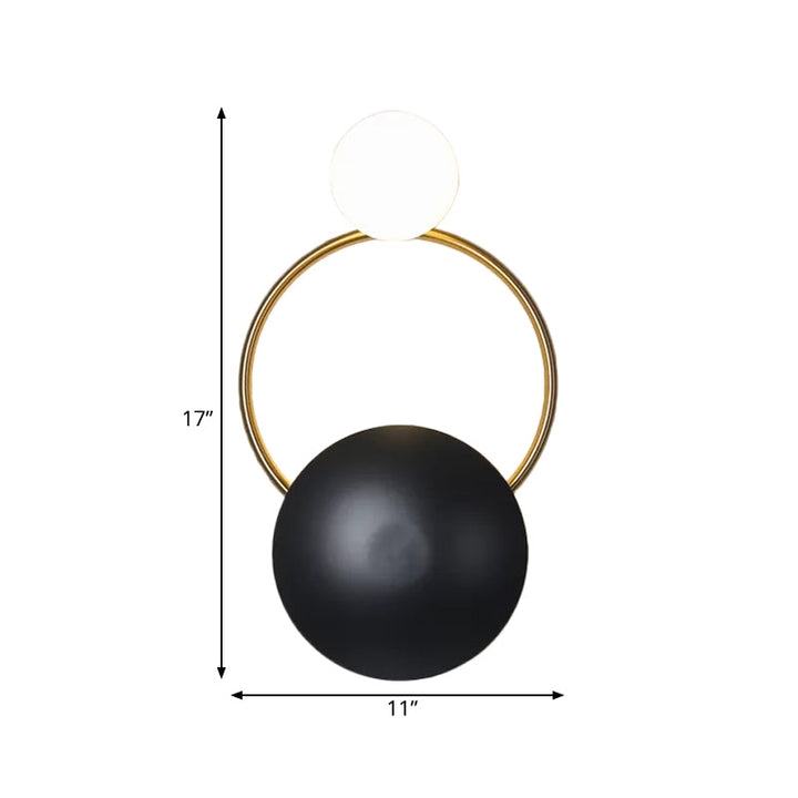 Lisslune | Postmodern Orbital Surface Mount Iron 2-Light Parlor Wall Lamp in Black-Gold with Orb Opal Glass Shade
