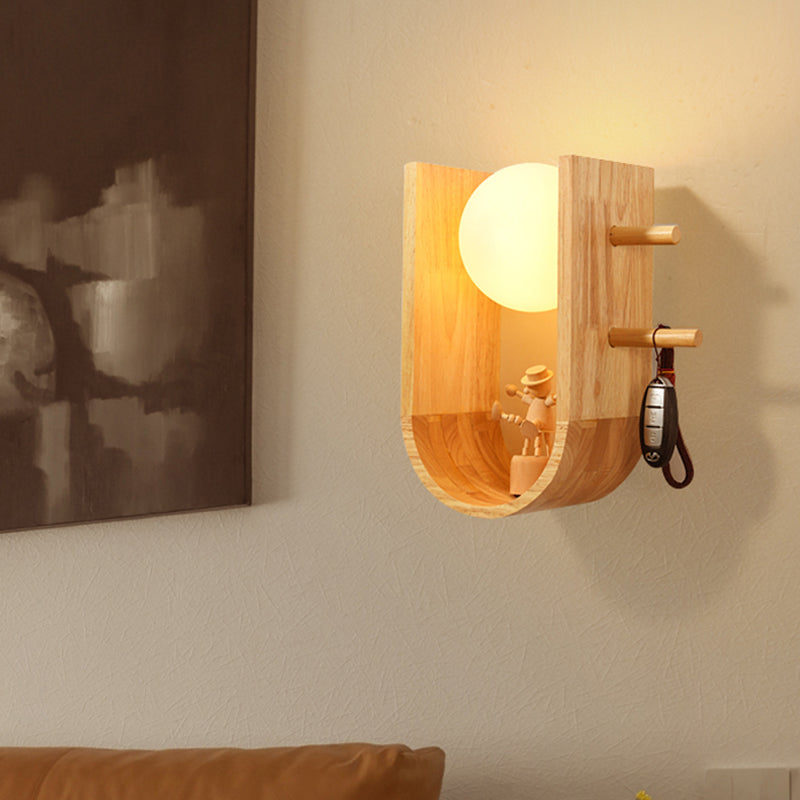 Lisslune | Wood Half Oval Wall Light Modern Creative 1 Bulb Flush Mount Wall Light with Shelf Design
