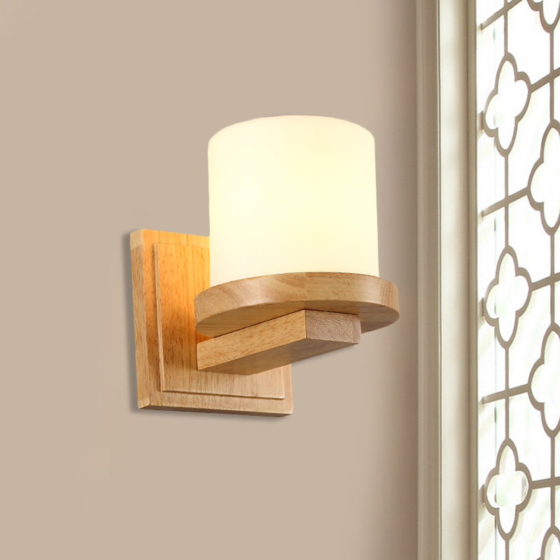 Lisslune | Nordic Column Opal Matt Glass Wall Lamp 1-Light Wall Fixture with Wooden Arm