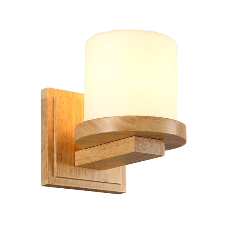 Lisslune | Nordic Column Opal Matt Glass Wall Lamp 1-Light Wall Fixture with Wooden Arm