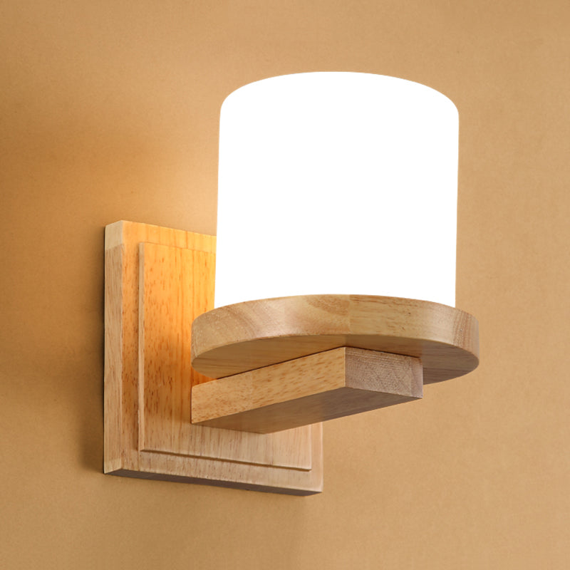 Lisslune | Nordic Column Opal Matt Glass Wall Lamp 1-Light Wall Fixture with Wooden Arm