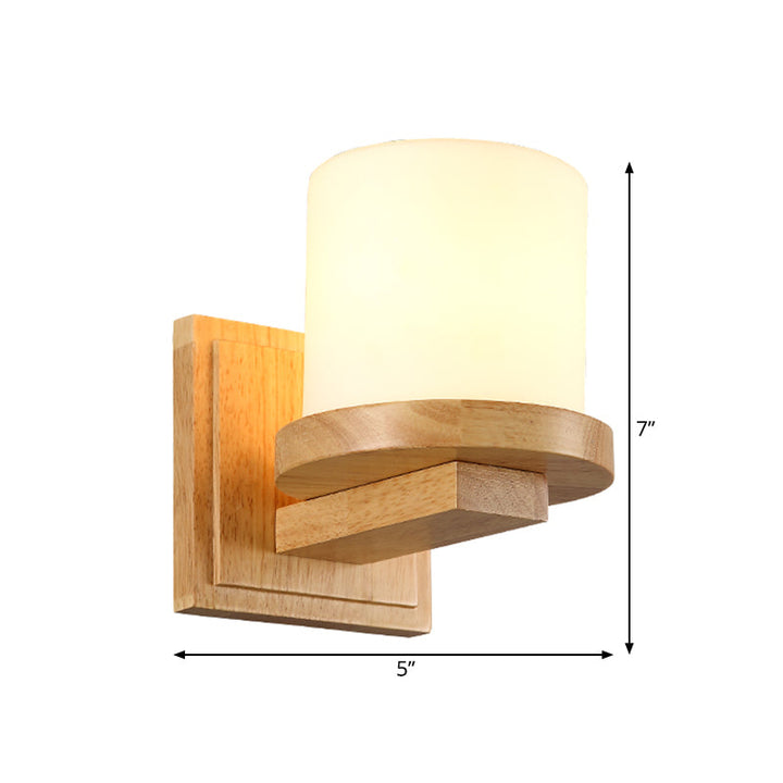 Lisslune | Nordic Column Opal Matt Glass Wall Lamp 1-Light Wall Fixture with Wooden Arm