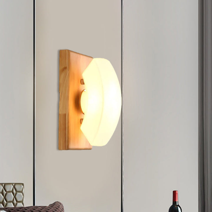 Lisslune | Frosted White Glass Cute Arch Sconce Nordic Single-Blue Wall Light with Wood Backplate