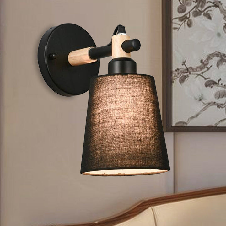 Lisslune | Nordic Horn Shade Fabric Wall Lamp 1-Light Wall Sconce in Black/White with Wood Connection