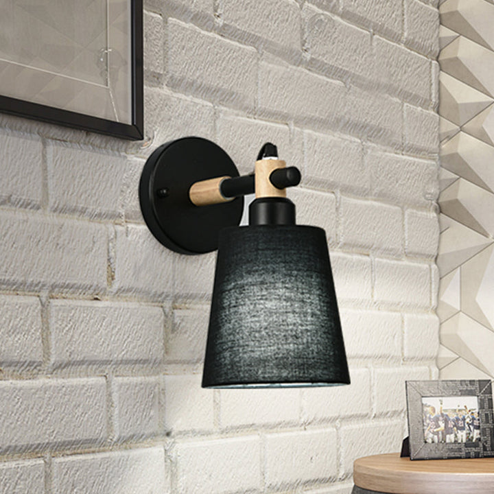 Lisslune | Nordic Horn Shade Fabric Wall Lamp 1-Light Wall Sconce in Black/White with Wood Connection