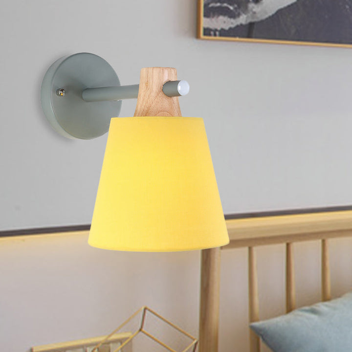 Lisslune | Conical Wall Lamp Macaron Fabric 1 Head Blue/White/Yellow Wall Lighting Ideas with Straight Arm and Wood Clamp