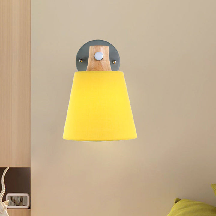 Lisslune | Conical Wall Lamp Macaron Fabric 1 Head Blue/White/Yellow Wall Lighting Ideas with Straight Arm and Wood Clamp
