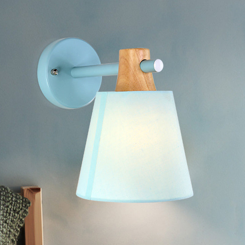 Lisslune | Conical Wall Lamp Macaron Fabric 1 Head Blue/White/Yellow Wall Lighting Ideas with Straight Arm and Wood Clamp