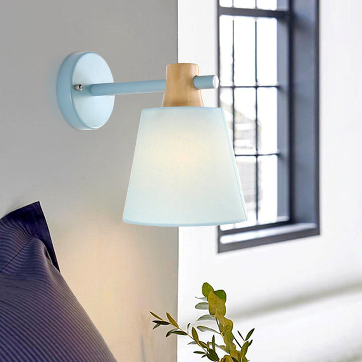 Lisslune | Conical Wall Lamp Macaron Fabric 1 Head Blue/White/Yellow Wall Lighting Ideas with Straight Arm and Wood Clamp