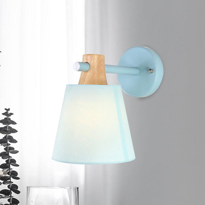 Lisslune | Conical Wall Lamp Macaron Fabric 1 Head Blue/White/Yellow Wall Lighting Ideas with Straight Arm and Wood Clamp