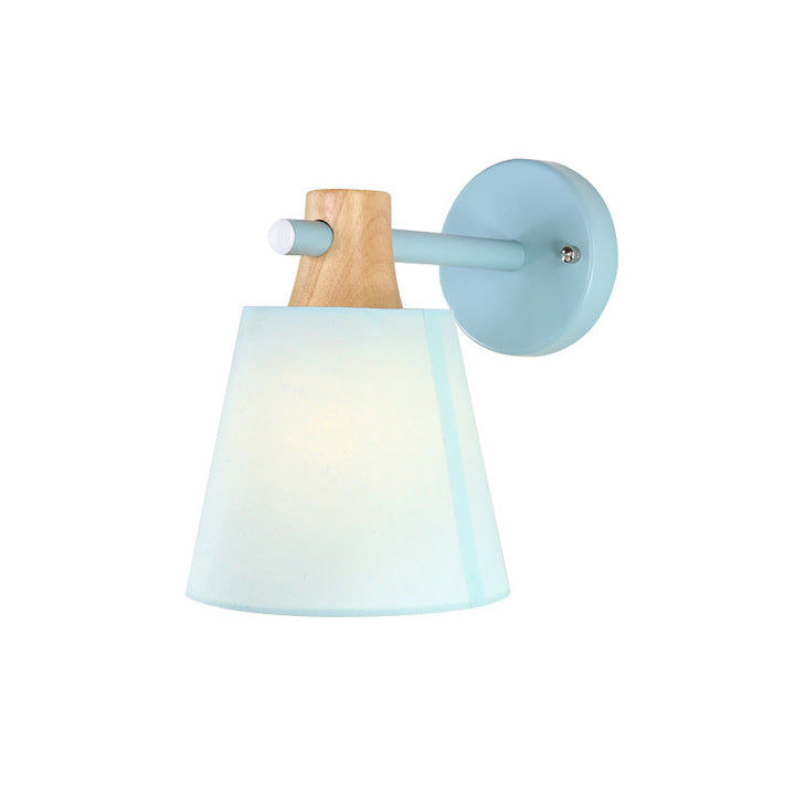 Lisslune | Conical Wall Lamp Macaron Fabric 1 Head Blue/White/Yellow Wall Lighting Ideas with Straight Arm and Wood Clamp