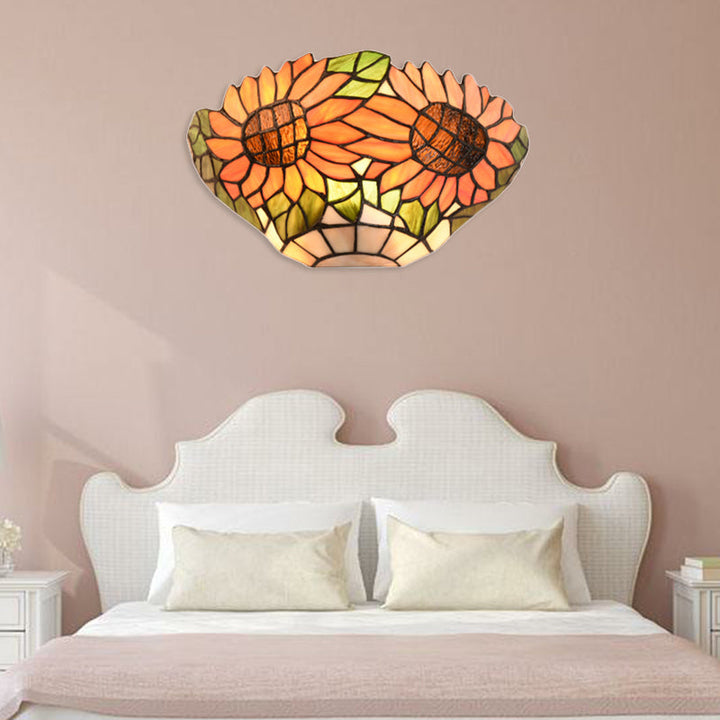 Lisslune | Rustic style orange wall lamp sunflower stained glass 1 light wall lamp for restaurant