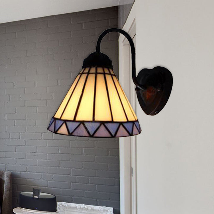 Lisslune | Cone Wall Lamp Tiffany Blue-White Glass 1 Head Black Sconces Lighting for Bedroom