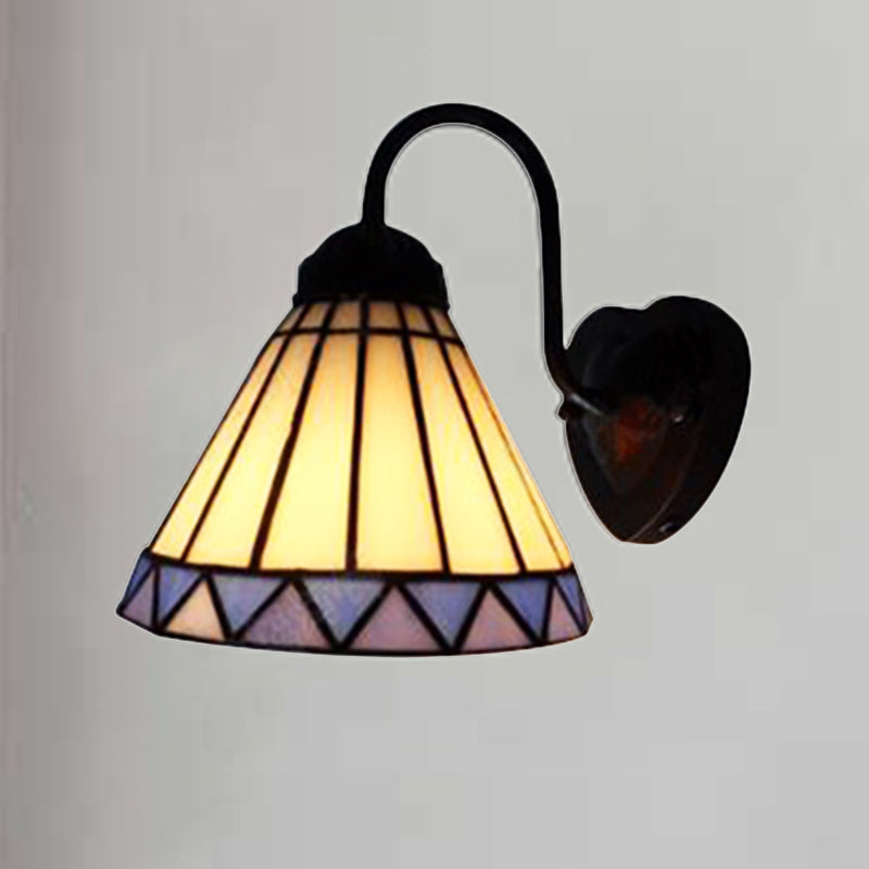 Lisslune | Cone Wall Lamp Tiffany Blue-White Glass 1 Head Black Sconces Lighting for Bedroom