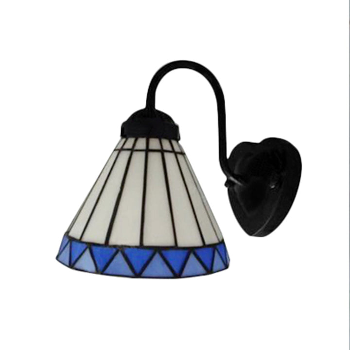 Lisslune | Cone Wall Lamp Tiffany Blue-White Glass 1 Head Black Sconces Lighting for Bedroom