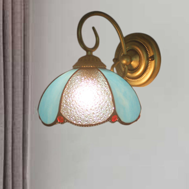 Lisslune | Tiffany Flower-shaped Wall Lamp with Curved Arm 1 Light Glass Wall Lamp in Blue for the Home Office