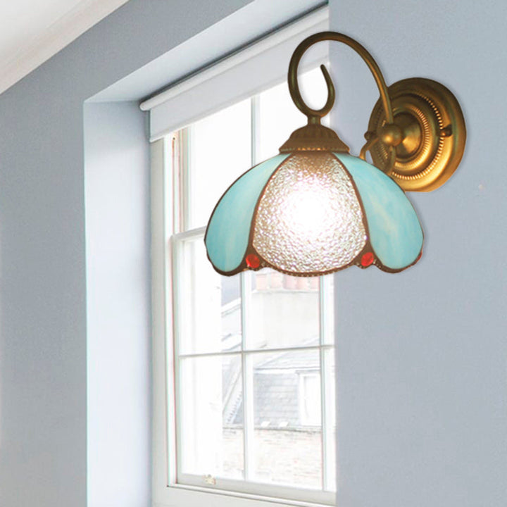 Lisslune | Tiffany Flower-shaped Wall Lamp with Curved Arm 1 Light Glass Wall Lamp in Blue for the Home Office