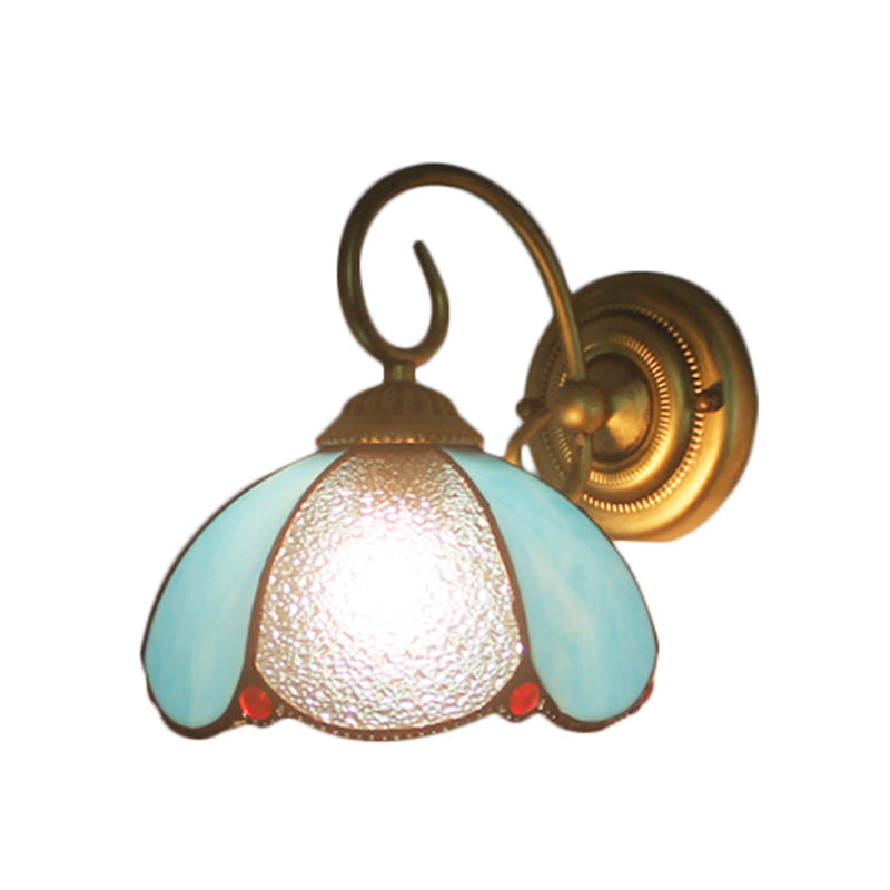 Lisslune | Tiffany Flower-shaped Wall Lamp with Curved Arm 1 Light Glass Wall Lamp in Blue for the Home Office